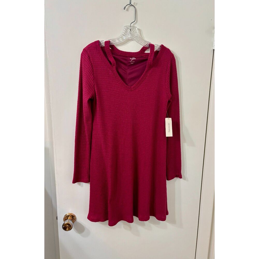 Lya (Francesca's) Womens S Burgundy Cold Shoulder Knee Waffle Weave Dress